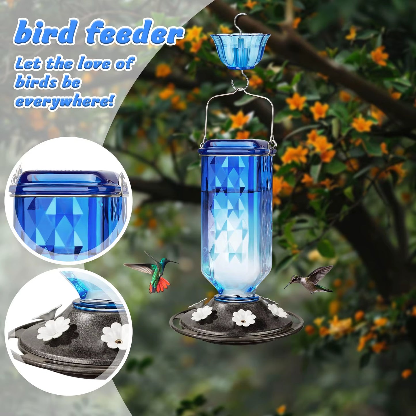 Skybloom Glass Hummingbird Feeder – Elegant 6-Port Nectar Feeder with Ant Moat