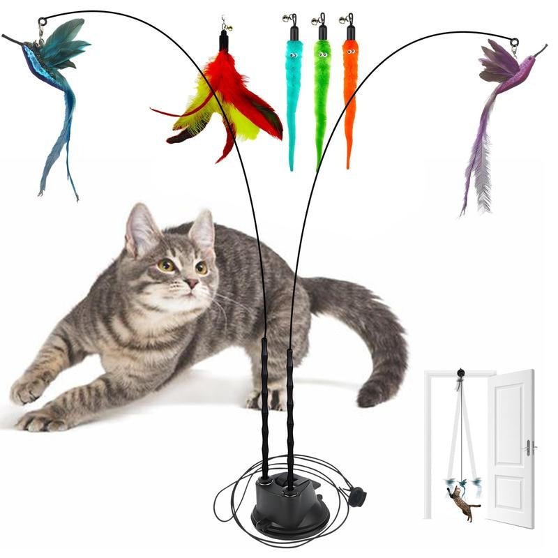 2 Wands with Base & 6 Feather Interactive Cat Toy Set